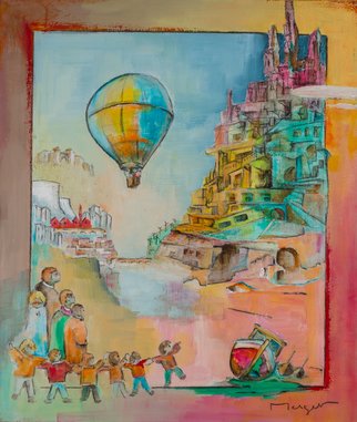 Thierry Merget: 'Les chemins de la liberte 5', 2015 Acrylic Painting, Surrealism.           balloon, horse, babel, window, factory, child, girl, boat, history, red horse, castle, babel, bridge, stair, ,                           autumn, spring, saison, sumer, winter, boat, observatory, baloon,           factory, stair, window, box, workshop,                     ...