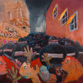 Thierry Merget: 'Les trois fenetres', 2015 Acrylic Painting, Surrealism. Artist Description:   Cityscape Building Walls Red Graffiti windowpolice ...