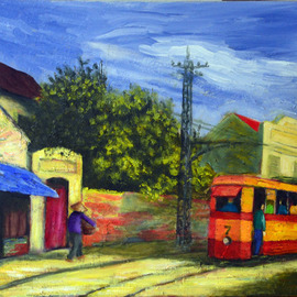 Nguyen Huu Thuan: 'Hanoi old quater in 1965', 2010 Oil Painting, Landscape. Artist Description: I draw this painting following my memo when I was young live in Hanoi - Vietnam during decade of 1960s to early 1980s. Hanoi changing very quick but I would like to expressing the old street with Tramcar before sofar not any more...