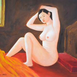 Nguyen Huu Thuan: 'Take care hair ', 2013 Oil Painting, nudes. Artist Description: A girl I metin 2011 in Hoa Binh province. I showed her some my painting pictures and then she willing for me sketched. I was inspired by pure and beauty of her body and the I painted from 2013 until I feel this painting perfect mysefl...