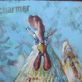E. Tilly Strauss: 'Charmer, Rooster Eyes', 2008 Acrylic Painting, Farm. Artist Description:  This portrait of a rooster is a witty confrontational image full of theater and life. The surface of the wood panel is plastered fro texture and there are inclusions of text from media headlines ...