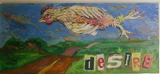 E. Tilly Strauss: 'Desire, hen floating across the road', 2008 Acrylic Painting, Humor.  A panel of wood painted with collage letters. . .Lively colors understate a languid mood of one really lazy diva. ...