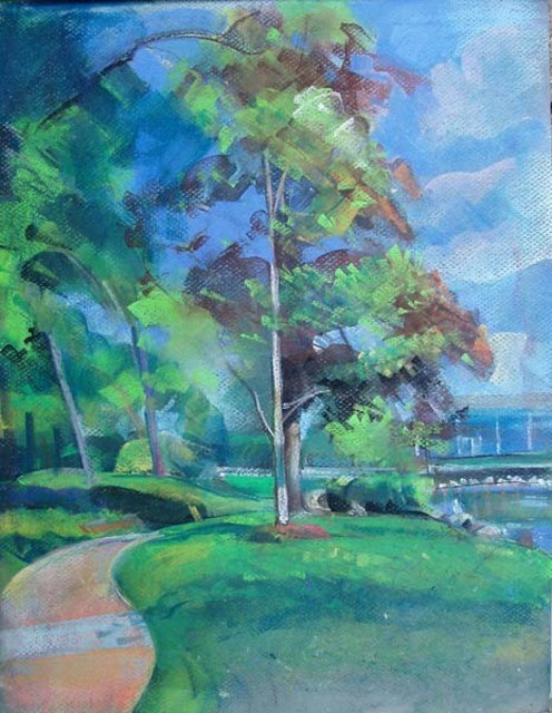 Artist Timothy King. 'Lords Park Path By Large Pond' Artwork Image, Created in 2008, Original Pastel Oil. #art #artist