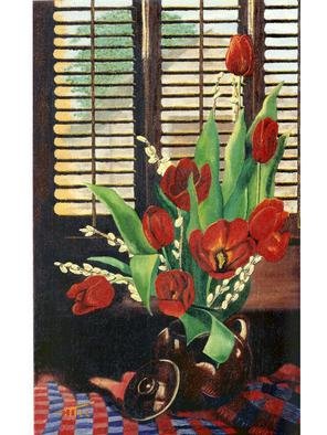 Robert Tittle: 'TULIPS by the window              ', 1999 Oil Painting, Floral.  TULIPS by the window     26. 5 x 16. 5         Oil on burlap While working on this painting, and thinking I was about done, my mother- in- law ( Jean Marsh) who is an artist also, and has won many awards, ask why I didn' t open the blinds at the...