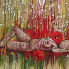 Tiziana Fejzullaj Artwork Lying with Poppies, 2014 Acrylic Painting, Nudes