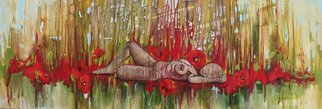 Tiziana Fejzullaj: 'Lying with Poppies', 2014 Acrylic Painting, nudes.  Triptych artwork in AcrylicOil ...