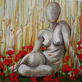 Tiziana Fejzullaj Artwork Nude in a Poppy Field, 2014 Oil Painting, Nudes