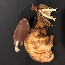 Tony Maez: 'happy bear', 2019 Wood Sculpture, Animals. Artist Description: This little bear is made from a piece of pine burl and brass fish with a very nicely made skinning knife to accent the piece. ...