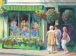 Tomas Omaoldomhnaigh: 'Chatting Abbey Green, BAth', 2012 Oil Painting, Figurative.  Bath, United Kingdom, England, Shop front, ladies, women, shop, window, green,  ...