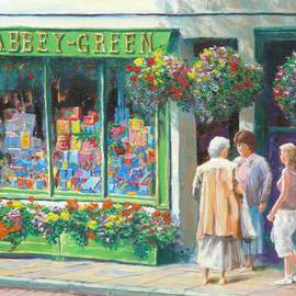 Tomas Omaoldomhnaigh: 'Chatting Abbey Green, BAth', 2012 Oil Painting, Figurative. Artist Description:  Bath, United Kingdom, England, Shop front, ladies, women, shop, window, green,  ...