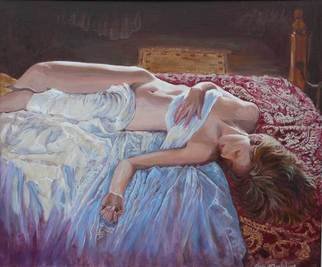 Tomas Omaoldomhnaigh: 'Peaceful Morn', 2009 Oil Painting, Figurative.  Nude, Nudes, Figurative, girl, woman, reclining, bed, pose, naked, Co Clare, Ireland,  Irish, Ennis, ...