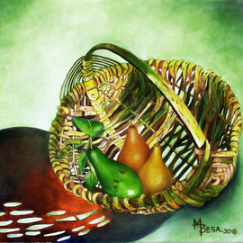Miriam Besa: 'avocado and pears in basket', 2018 Oil Painting, Sea Life. Artist Description: Avocado with 2 pears in a basket in a photo pose - a patterned reflection shadow of the basket against a green filtered background adds drama to this setting. Green cast on some parts of the basket accentuates the delicious avocado in contrast to the rich looking pears. ...
