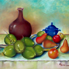 Miriam Besa: 'ensemble of coconut and fruits', 2018 Oil Painting, Still Life. Artist Description: Brown vase, cobalt blue container with coconuts, orange and a plate of pears, apples rhythmically arranged on a draped table.  The defined shadows on the table and the folds of the drapery add drama and significance to this still life. ...