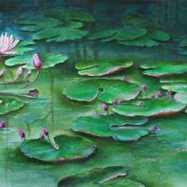 Miriam Besa: 'lotus pond', 2019 Oil Painting, Healing. Artist Description: A pond with lotus lilies and sprouting lily buds - reflections of the forest behind it, endless leaves floating to almost infinity. . . . . . a soothing, peaceful and a mystic effect. ...