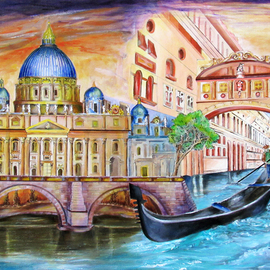 Miriam Besa: 'vatican and grand canal', 2019 Oil Painting, Travel. Artist Description: St. Peter s Basilica is an Italian Renaissance church in Vatican City, the papal enclave within the city of Rome. St. Peter s is the most renowned work of Renaissance architecture and the largest church in the world. I chose to depict its splendor and majesty at dusk ...