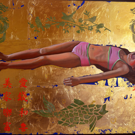 Thu Nguyen: 'the fallen barbie', 2019 Oil Painting, Conceptual. Artist Description:  The Fallen Barbie , oil and gold leaf on panel, image size 16 x 20 inches, framedThis painting portrays the contrast between the stereotype of a carefree sweet childhood with the reality of a life often filled with anxiety, confusion, broken heart and loneliness. ...
