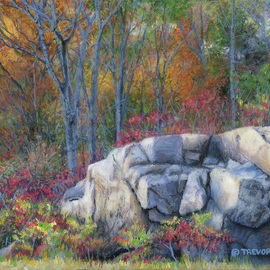 Trevor Tennant: 'autumn blue', 2017 Acrylic Painting, Landscape. Artist Description: Landscape autumn setting of rock and trees in nature...