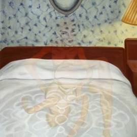 T. Smith: 'Ghosts of Kinky Sex Past', 2002 Oil Painting, Surrealism. Artist Description: This painting was done from two different photographs that I shot and combined together.  The background of the bedroom is of a cheap motel room from my birthplace of North Tonawanda, N. Y. with an interior circa 1960.  The bedspread was the exact same kind that I had ...