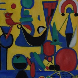 Jo Tuck: 'joy of life', 2020 Oil Painting, Figurative. Artist Description: This abstract painting is influenced by the formal experimentation of the 20century artist. The bold colors are applied like words in a poem , intuitively producing images making their own narrative Every painting begins with a dot and ends with a dot. ...