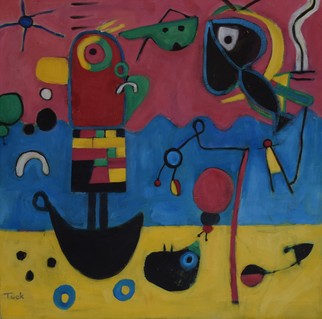 Jo Tuck: 'looking for big sky happiness', 2020 Oil Painting, Abstract Figurative. This painting is inspired by modernism, folk art and mural art. The colors are applied like words in a poem, the image arises from the subconcious...