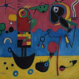 Jo Tuck: 'looking for big sky happiness', 2020 Oil Painting, Abstract Figurative. Artist Description: This painting is inspired by modernism, folk art and mural art. The colors are applied like words in a poem, the image arises from the subconcious...