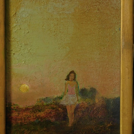 Malcolm Tuffnell: 'twilight walk', 2019 Oil Painting, Landscape. Artist Description: a rising moon, a girl walking- - twilight on the bluffs...