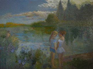Malcolm Tuffnell: 'whispers by a river', 2017 Oil Painting, Impressionism. oil 30x40  2017. little girls whispering,  who is he   i don t know . . . a little boy in the distance. . . ...