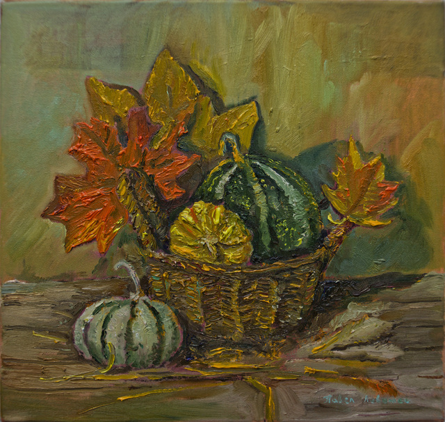 Artist Pavel Levites. 'Basket With Pumpkins' Artwork Image, Created in 2023, Original Painting Oil. #art #artist