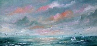 Valda Fitzpatrick: 'ocean scene with two sailboats', 2019 Oil Painting, Landscape. Most of my ocean scenes were inspired while we lived in Florida. This original seascape represents an up coming storm, which is always a dramatic , cloud hanging show. The cloud formation and ocean absorb the surrounded colors and adds to the overall cohesiveness . This ocean scene is rather tranquil and ...