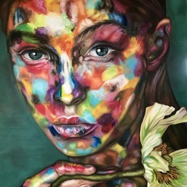 Valentina Andrees: 'eva in colors', 2020 Oil Painting, Portrait. Artist Description: Portrait of a woman with color swatches...