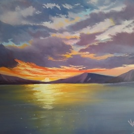 Vasil Vasilev: 'lake sunset', 2020 Oil Painting, Landscape. Artist Description: lake, sunset, breeze, mountain, Sweden plain air...