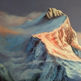 Vasil Vasilev: 'snow capped mountain peak', 2020 Oil Painting, Landscape. Artist Description: snow, peak, wind, mountain, sunset...