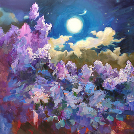 Anastasiia Grygorieva: 'lilac full moon', 2021 Oil Painting, Floral. Artist Description: Lilac full moon100N100cm  oil on canvas  2020I was inspired by the beauty of lilacs under the night sky. A large moon illuminated the lilac bush making it fabulous and mysterious. ...