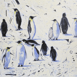 Sergey Lutsenko: '13 peguins', 2016 Oil Painting, Surrealism. Artist Description: penguins, surrealism, black, white, snow, winter, 13 penguins...