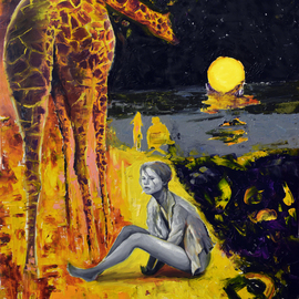 Sergey Lutsenko: 'Giraffe and lady', 2016 Oil Painting, Surrealism. Artist Description:  black, sun, abstract, surrealism, giraffe, girl, yellow, water, moon ...