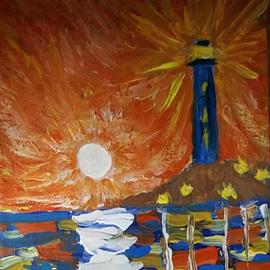 Valerie Leri: 'lighthouse at dusk 3', 2017 Acrylic Painting, Landscape. Artist Description: Original painting with distressed wood frame. ...