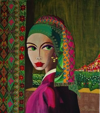 Mimi Revencu: 'girl with swarovski earring', 2017 Acrylic Painting, Landscape. It is a story about fashion. He s always coming back. Is an allusion to the famousGirl With A Pearl Earring ...