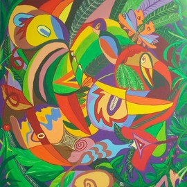 Mimi Revencu: 'jungle 1', 2010 Acrylic Painting, Landscape. Artist Description:  jungle  painter birds mirabilism mimirevencu nature ...