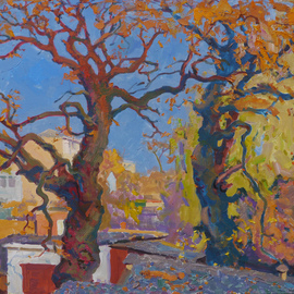 Victor Onyshchenko: 'oaks of my childhood', 2018 Oil Painting, Trees. Artist Description: These oaks, growing among the garages, I remember from childhood. Work painted from the roof of the garage. ...