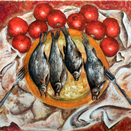 Vladimir Kezerashvili: 'Fish and Tomatoes', 2012 Acrylic Painting, Still Life. Artist Description:  still life, fish, tomatoes, eggs, lemons         ...