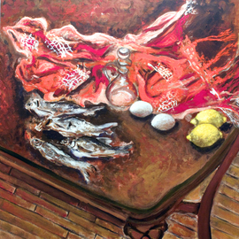 Still Life with Fish, Eggs and Lemons By Vladimir Kezerashvili
