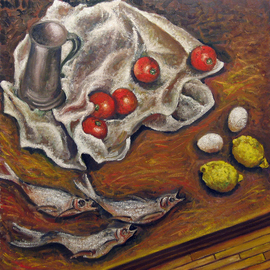 Still Life with Fish Tomatoes Eggs and Lemons By Vladimir Kezerashvili