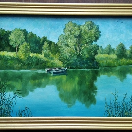 Viktor Melnyk: 'lake in volyn', 2023 Oil Painting, Landscape. Artist Description: Author s painting, covered with acrylic varnish, new - 2023, fiberboard, oil, sold in a frame, wooden frame, covered with acrylicunder goldsize without frame 34. 5x25 cm, in frame - 38. 5x29. 2 cm. ...