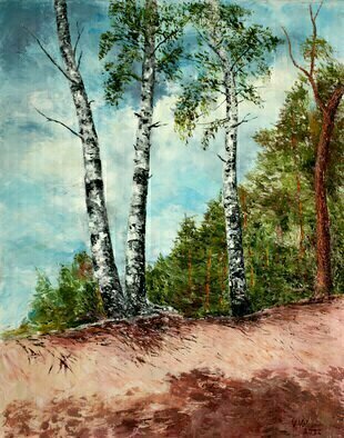 Vladimir Volosov: 'birches on a slope', 2022 Oil Painting, Landscape. I offer free shipping across the planet as my gift to you   the buyer        There is no doubt that visual art is a powerful medium. It has the ability to inspire and to move us deeply.The author s goal to engage the viewer in the creative process. He invites ...