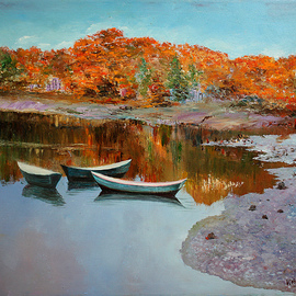 Vladimir Volosov: 'golden autumn in new england', 2012 Oil Painting, Landscape. Artist Description:      This artwork is an original unique terxtured oil painting on canvas on a wooden frame, painted using a palette knife. Original artistaEURtms style aEUR