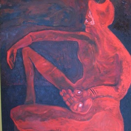 Michael Weston: 'the red rabbit', 2006 Oil Painting, Figurative. Artist Description: A man in a costume seated in a dark room  after reading an unpublished book I had access to years ago that I attempted to translate to images - this being of the main character in a permutation as he drifted across what was termed  riding hideous across this ...