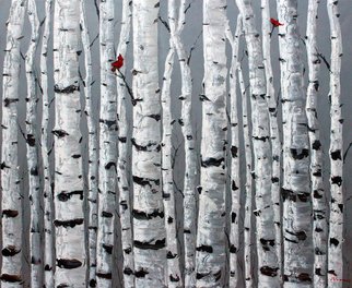 Jennifer Vranes: 'love birds', 2017 Acrylic Painting, Trees. Aspen Art, Monochromatic, Jennifer Vranes, JensArt, The Aspen Artist, Red Cardinal...