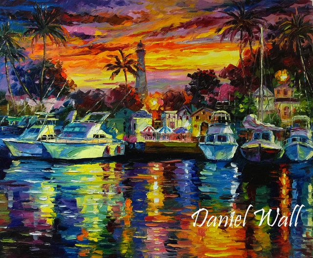 Artist Daniel Wall. 'Hawaii Fishing Harbor At Dusk' Artwork Image, Created in 2015, Original Printmaking Giclee. #art #artist