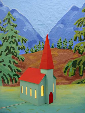 Wayne Montecalvo: 'Church and backdrop from video called giant', 2008 Indoor Installation, Landscape.  Backdrop acrylic paint on Typar with cardboard church. Overall size is approx 10 ft tall 7 ft wide. Church approx 36 in tall 18 wide 20 in deep.  ...