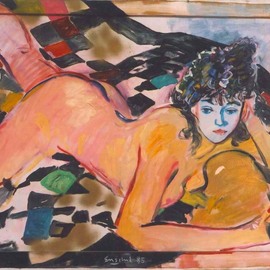 Wayne Ensrud: 'Reclining Figure on a Checked Cloth', 1985 Oil Painting, Nudes. Artist Description: Dramatic contrasts create spatial depth and dimension...